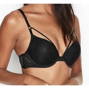 Victorias Secret Bra Size 32C Push Up Very Sexy Lace Black Strappy Fishnet​​